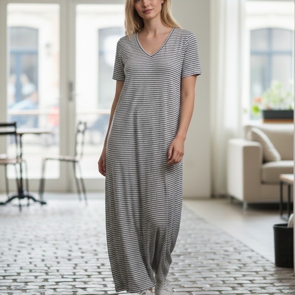 Olivia Rae New York Womens Striped V-Neck Short Sleeve Maxi T-Shirt Dress Large